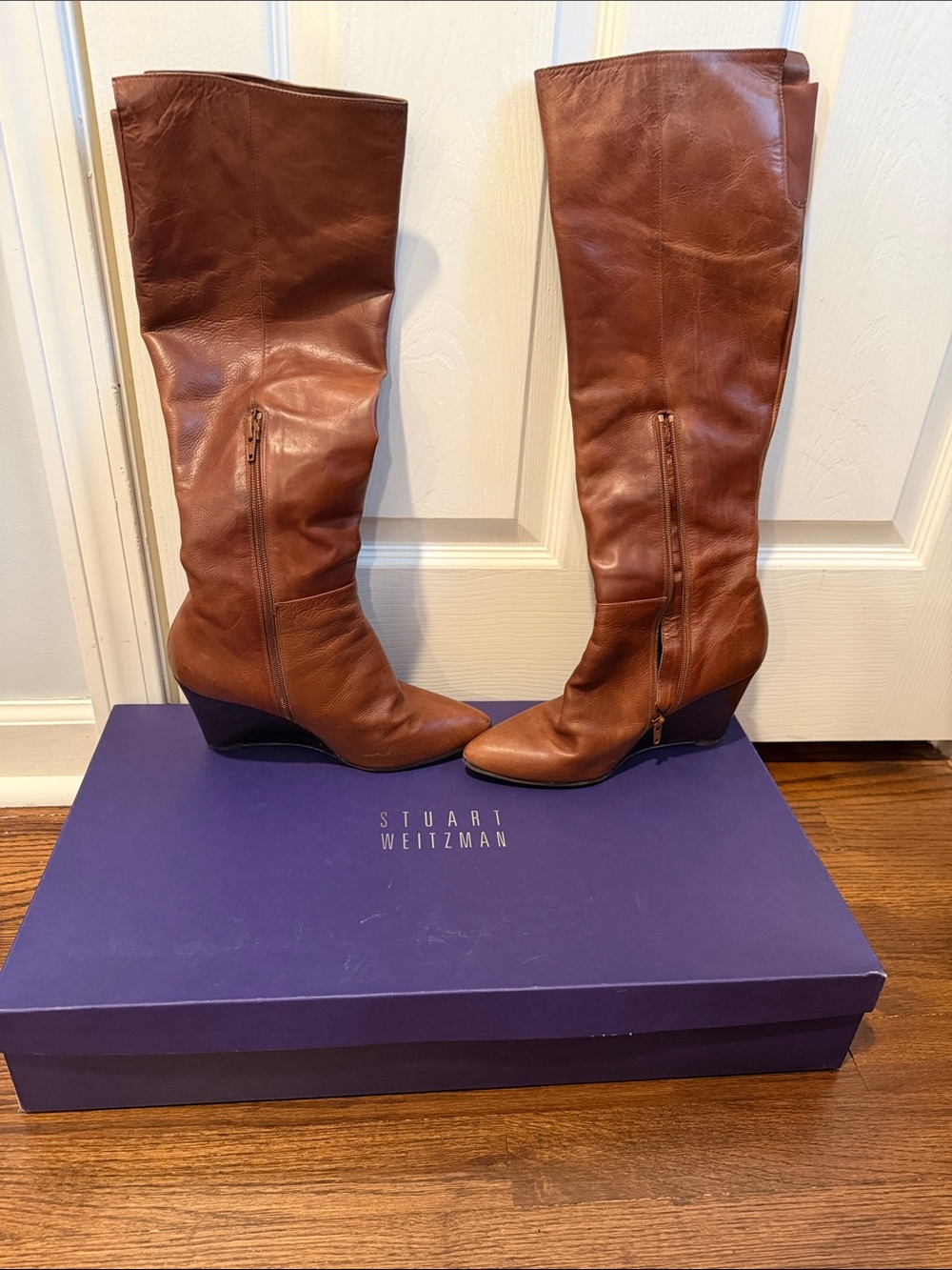 Stuart Weitzman Cognac Leather Knee-High Wedge Boots